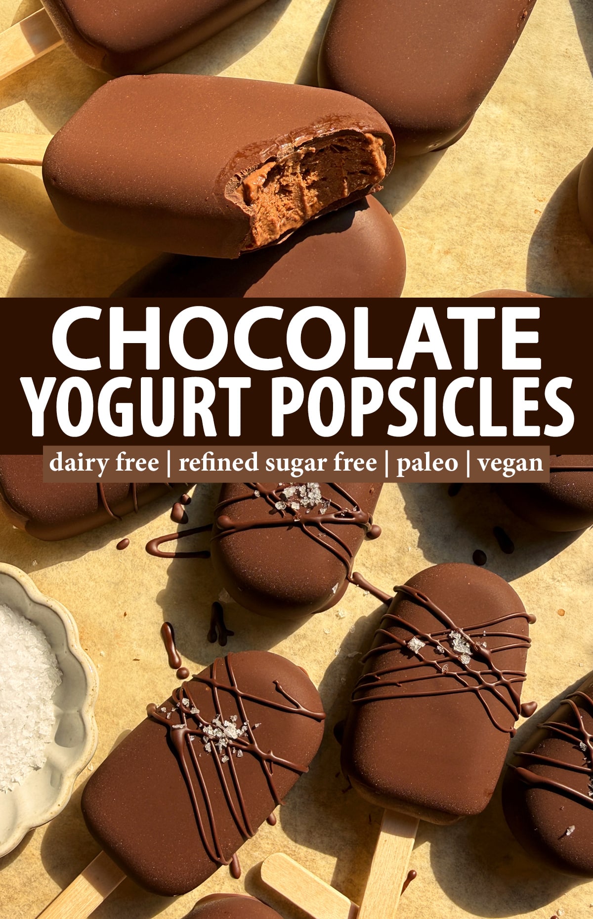 Pinterest image for chocolate yogurt popsicles.