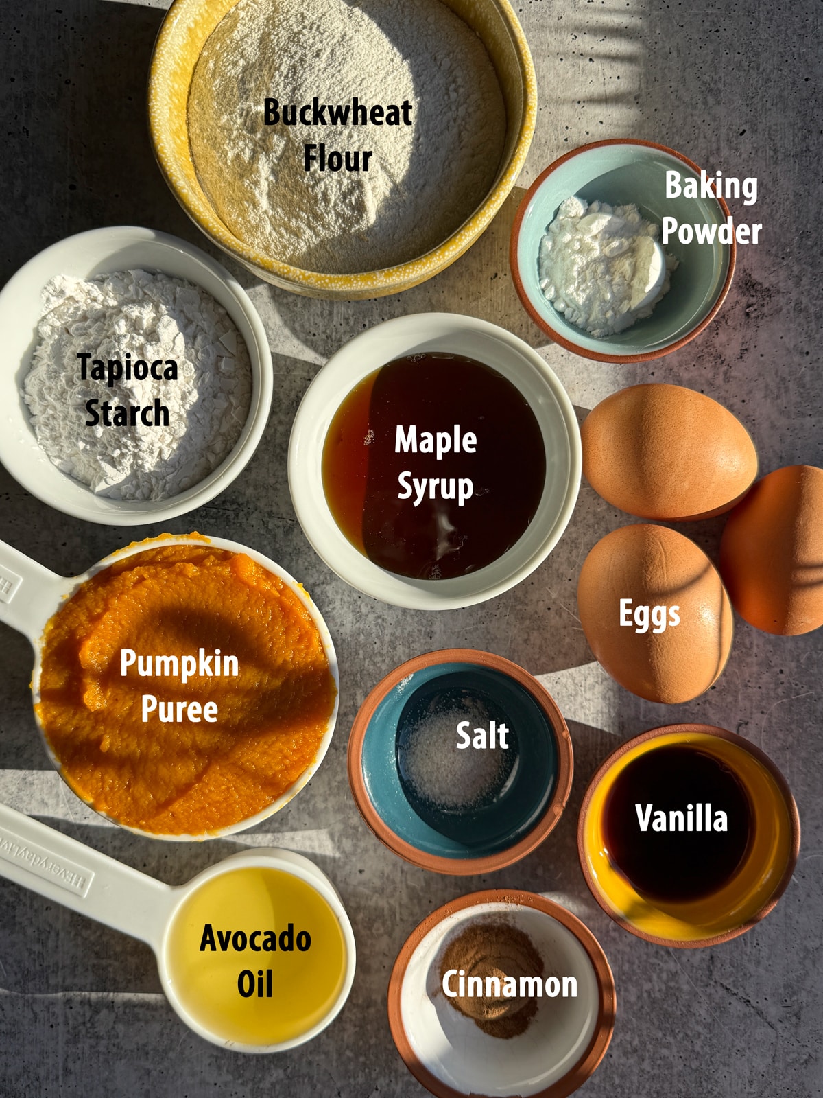 Ingredients needed to make buckwheat pumpkin bread.