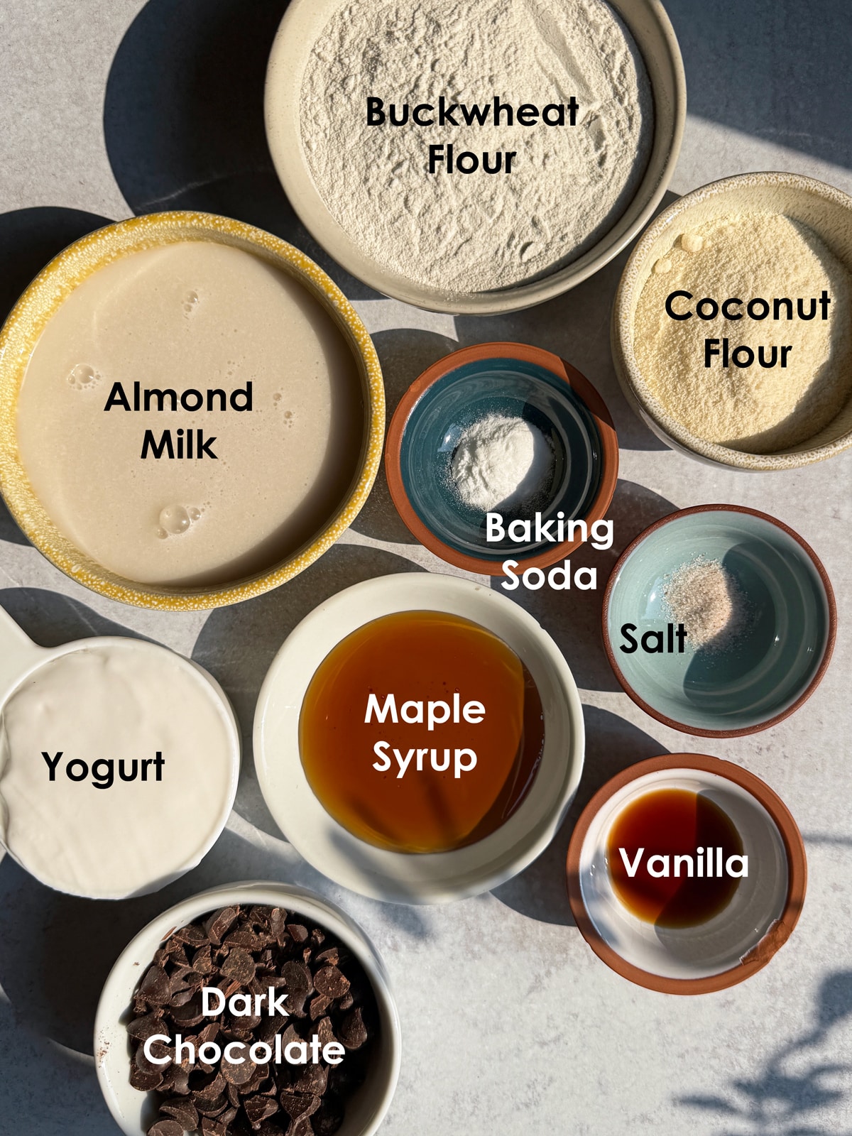 Ingredients needed to make vegan buckwheat muffins.