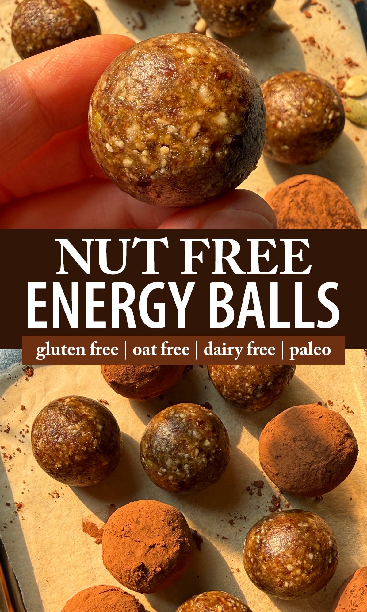 Pinterest image for nut free energy balls.