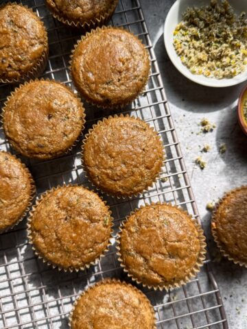 Top down view of muffins on wire cooling rack.