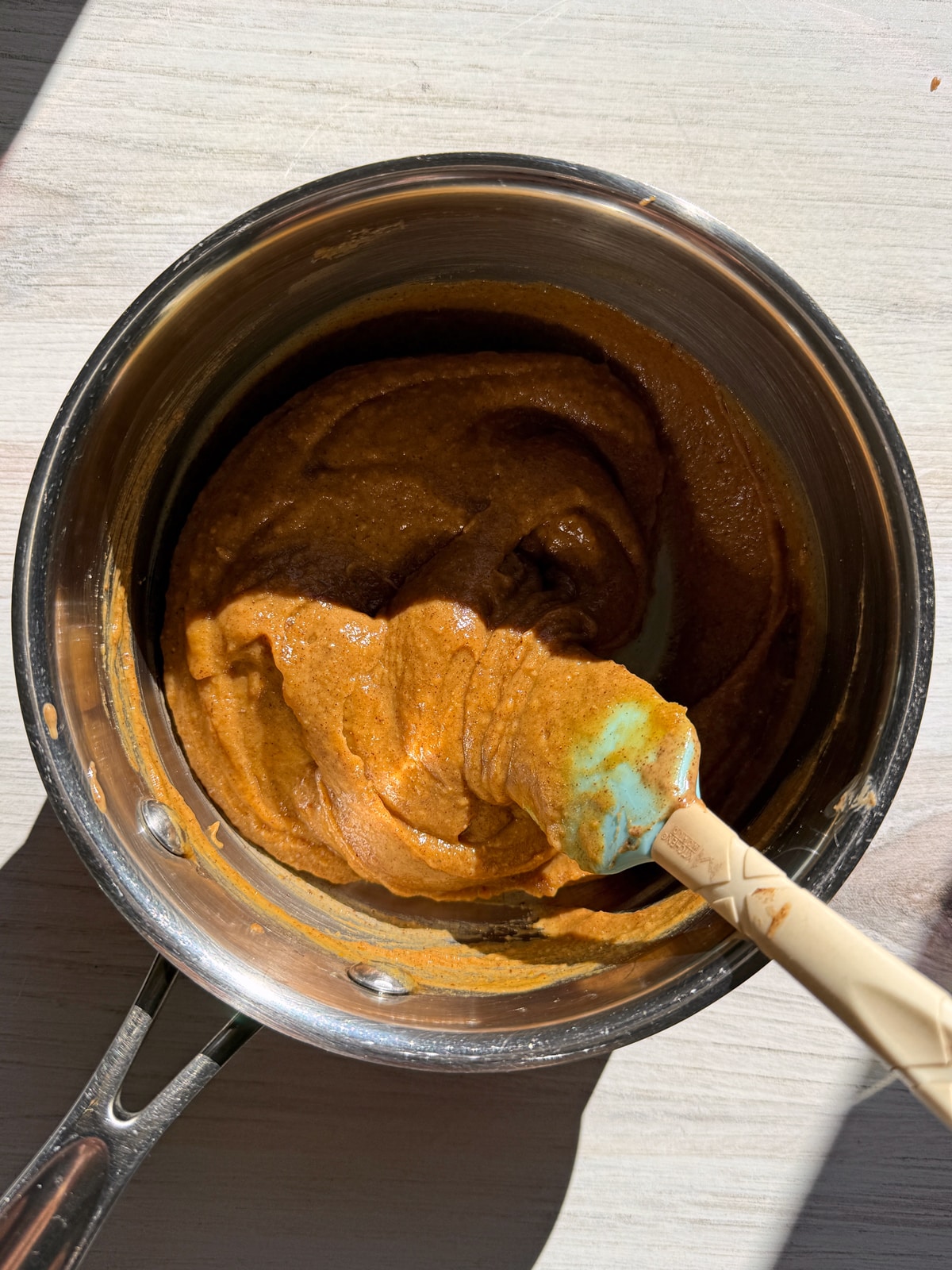 Combined wet ingredients in saucepan.