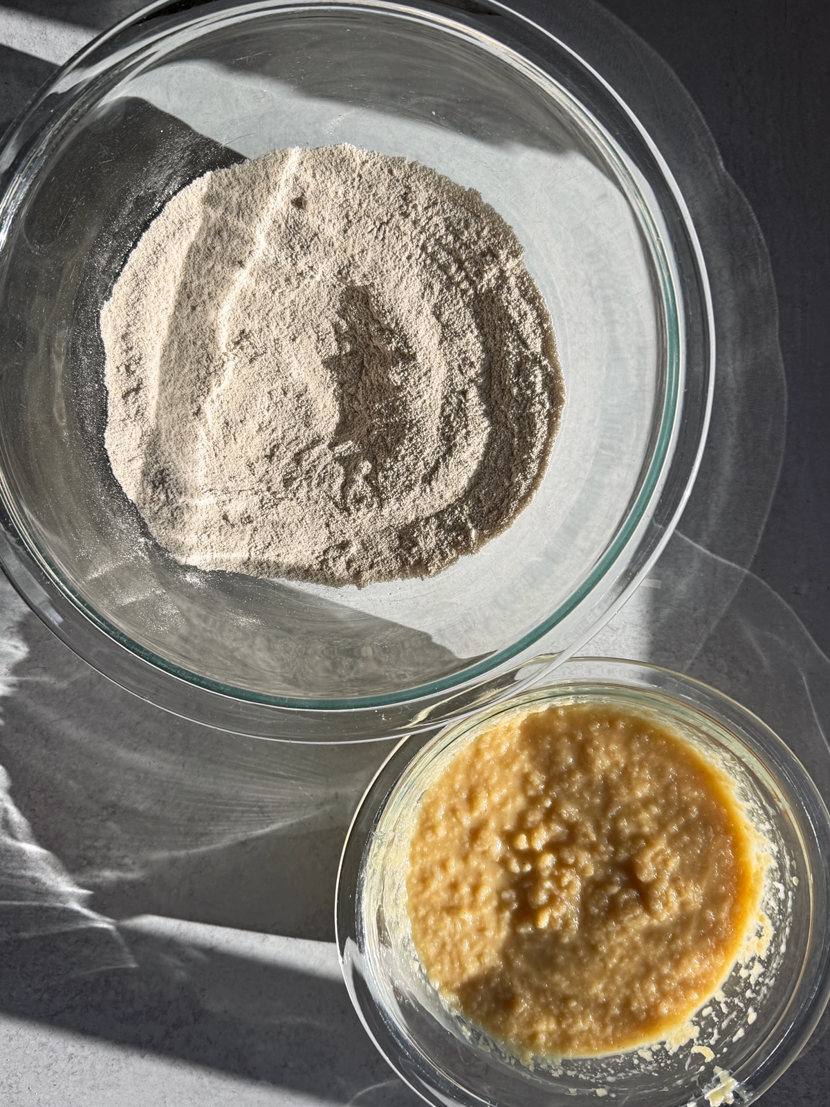 Wet ingredients in one bowl and dry in another.