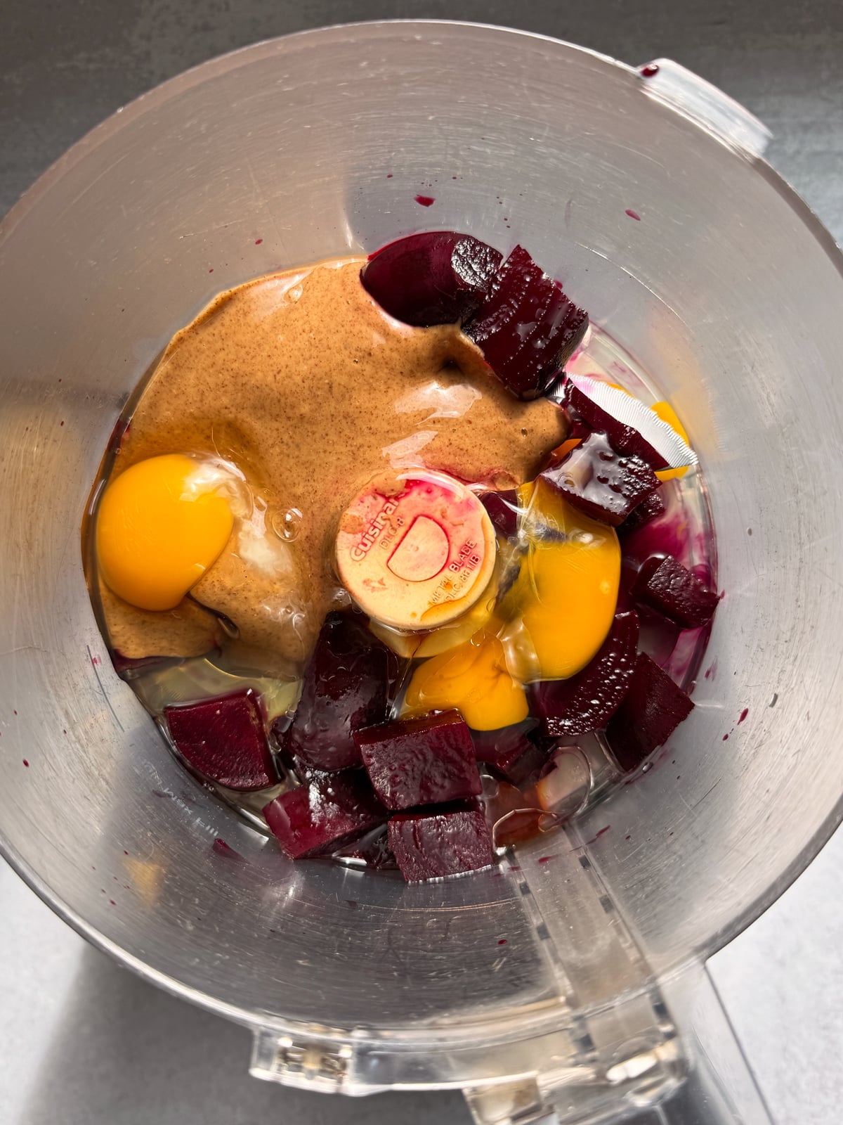 Wet ingredients in food processor.