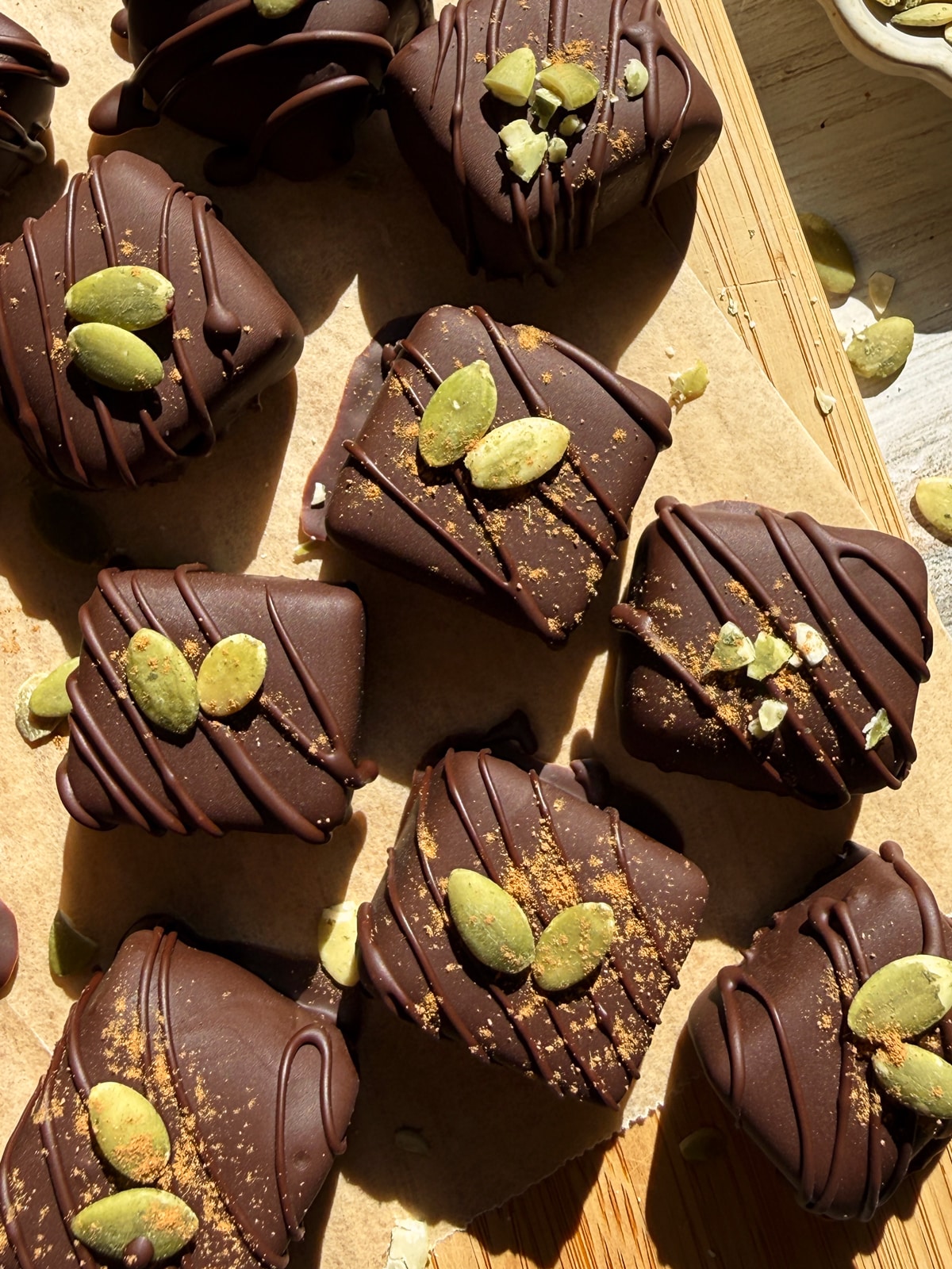 Top down view of pumpkin caramels.