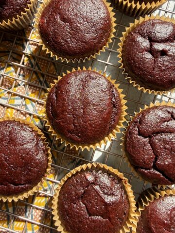 Top down view of chocolate beet muffins.