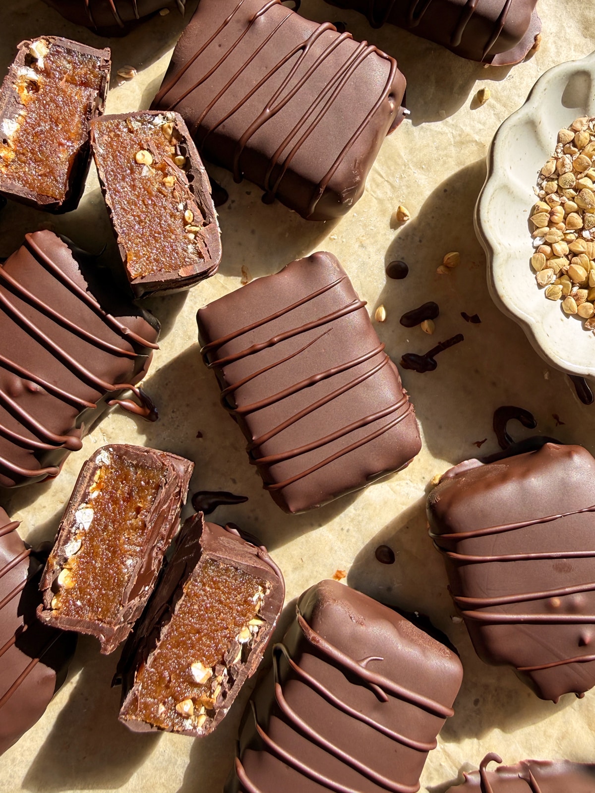 Top down view of candy bars.