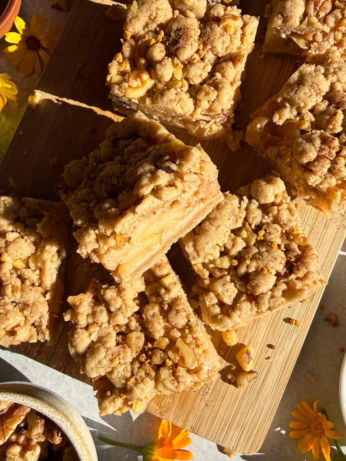 Top down view of apple bars on cutting board.