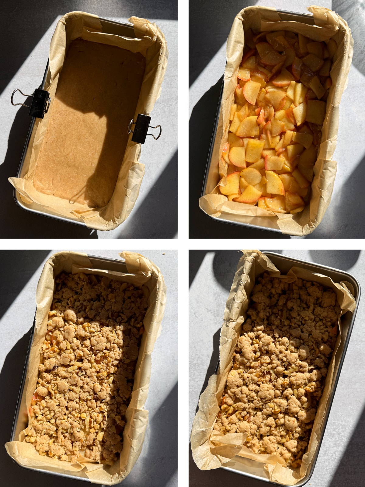 Assembling the apple crumb bars.