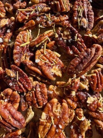 Close up of baked pecans.