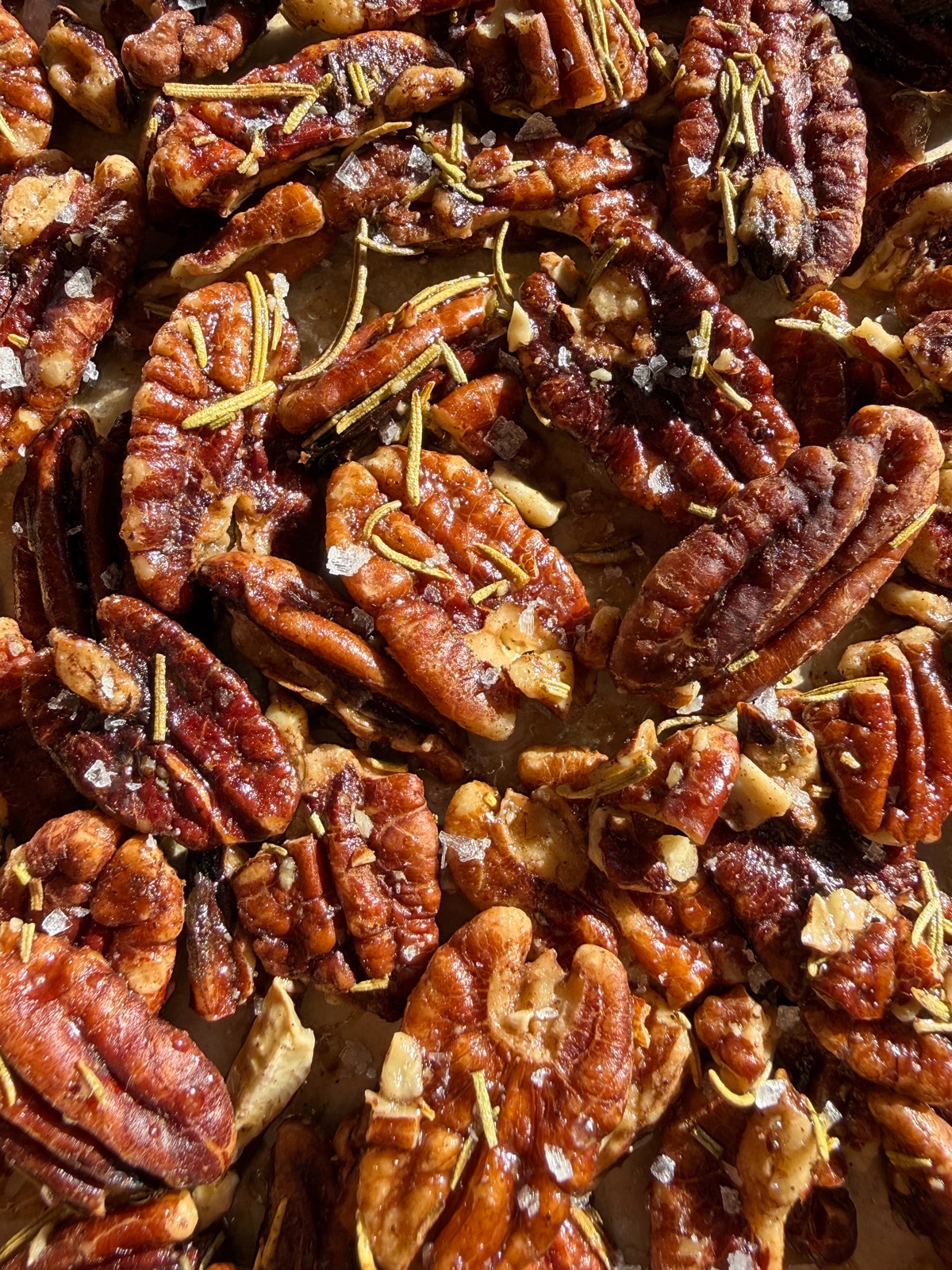 Close up of baked pecans.