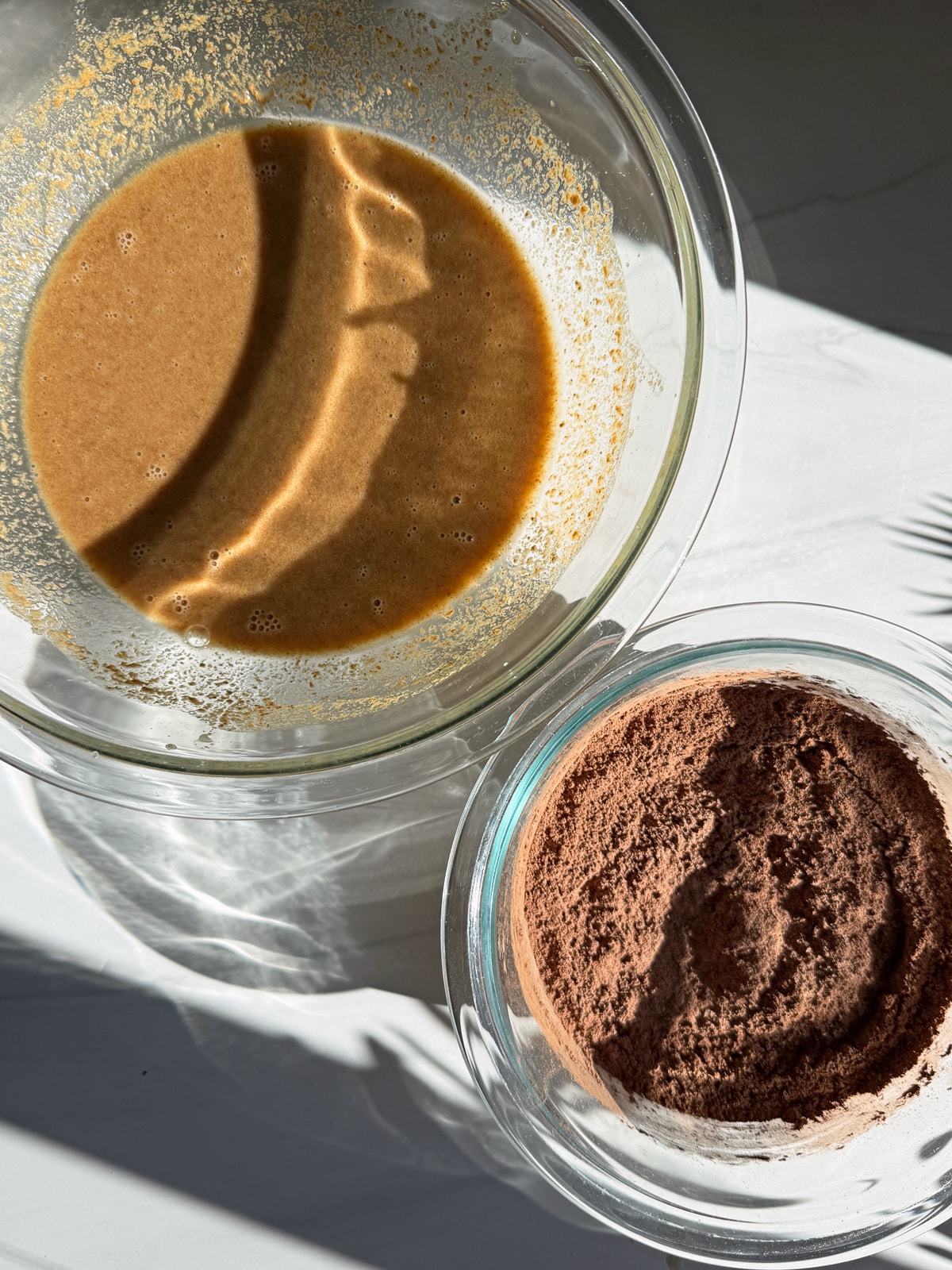 Mixed dry ingredients in one bowl and wet in the other.