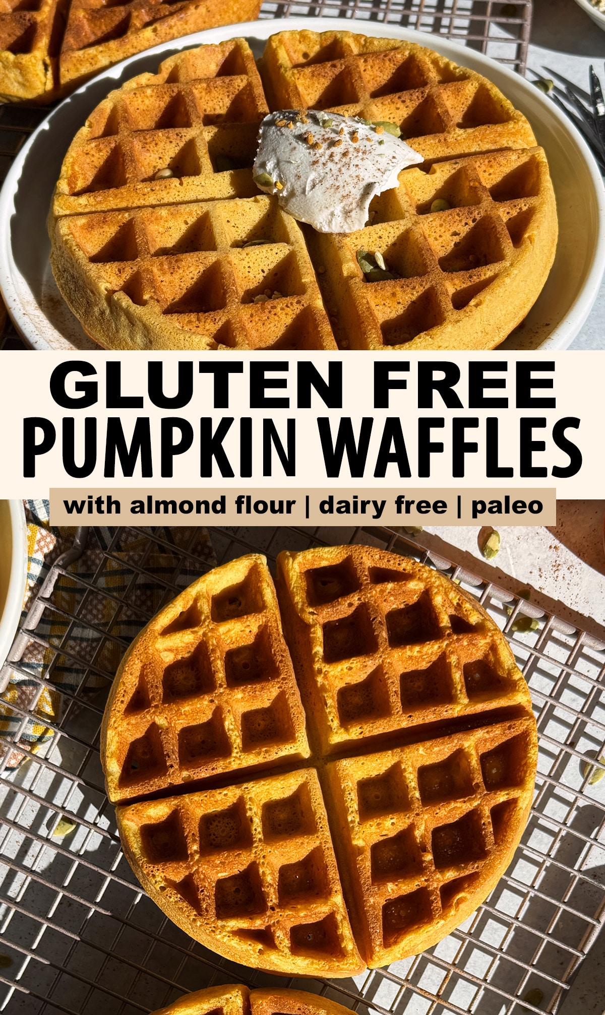 Pinterest image for gluten free pumpkin waffles.