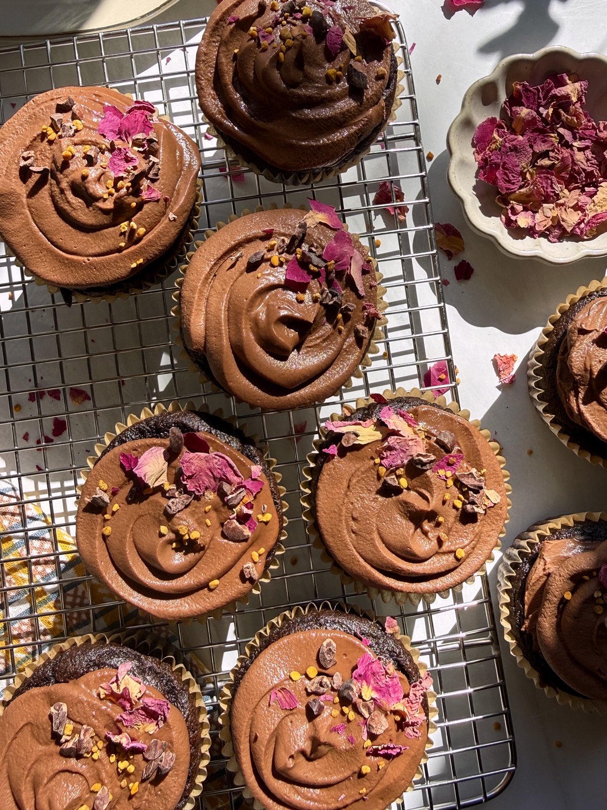 Top down view of decorated cupcakes.