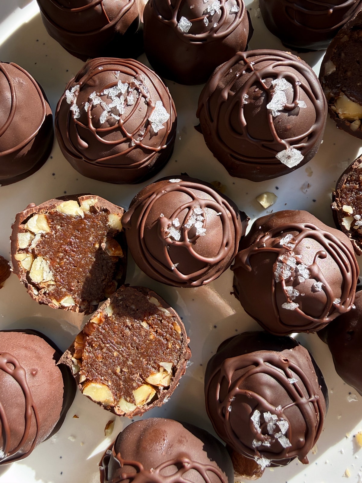 Top down view of hazelnut truffles.