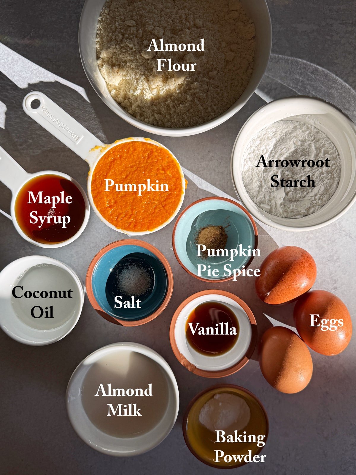 Ingredients needed to make gluten free pumpkin waffles.