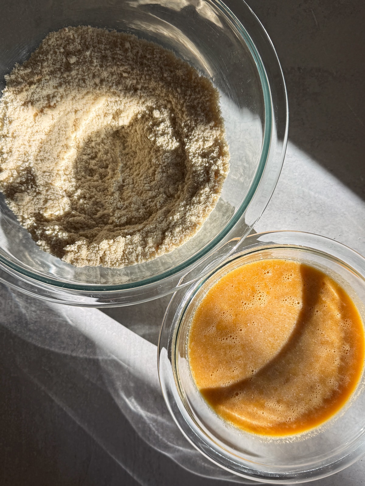Dry ingredients in one bowl and wet in another.